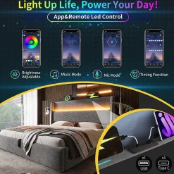 Lit double 180x200 cm, tête haute, LED/USB, hydraulique, lin - gris><noscript><img width=