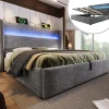 Lit double 160x200 cm, tête haute, LED/USB, hydraulique, lin - gris>Blackcolors Hot