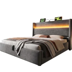 Lit double 160x200 cm, tête haute, LED/USB, hydraulique, lin - gris>Blackcolors Hot