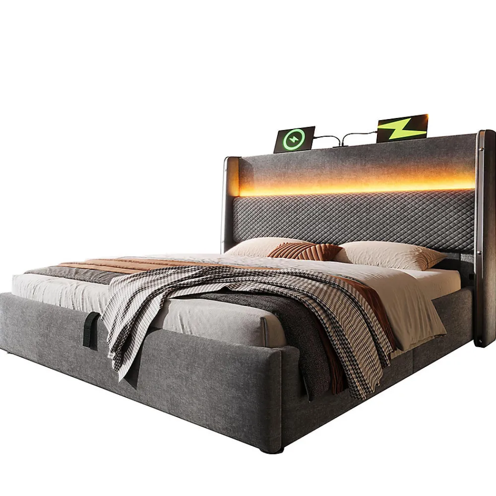 Lit double 160x200 cm, tête haute, LED/USB, hydraulique, lin - gris>Blackcolors Hot