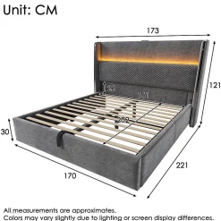 Lit double 160x200 cm, tête haute, LED/USB, hydraulique, lin - gris><noscript><img width=