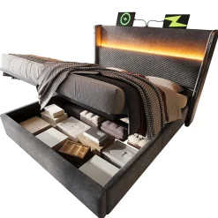 Lit double 160x200 cm, tête haute, LED/USB, hydraulique, lin - gris><noscript><img width=