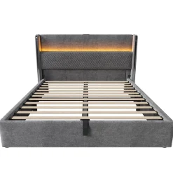 Lit double 160x200 cm, tête haute, LED/USB, hydraulique, lin - gris><noscript><img width=