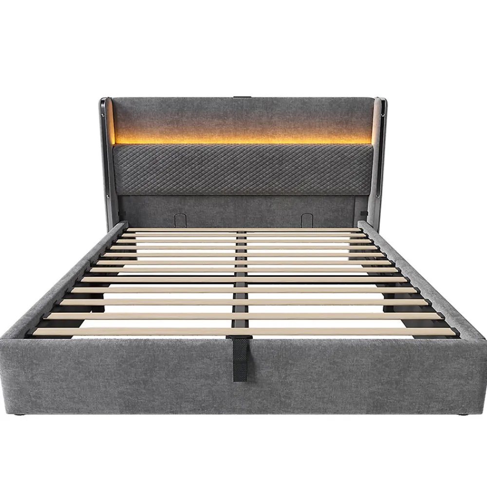 Lit double 160x200 cm, tête haute, LED/USB, hydraulique, lin - gris>Blackcolors Hot