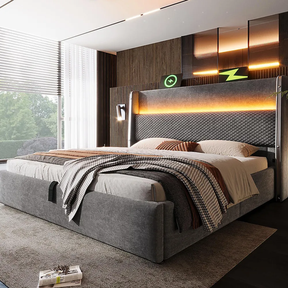 Lit double 160x200 cm, tête haute, LED/USB, hydraulique, lin - gris>Blackcolors Hot