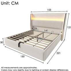 Lit double 140x200 cm, tête haute, LED/USB, hydraulique, lin - beige><noscript><img width=