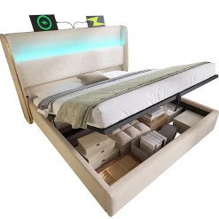 Lit double 140x200 cm, tête haute, LED/USB, hydraulique, lin - beige><noscript><img width=