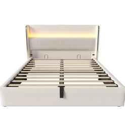 Lit double 140x200 cm, tête haute, LED/USB, hydraulique, lin - beige><noscript><img width=