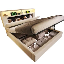 Blackcolors Lit double 140x200 cm, tête réglable, LED/USB, hydraulique, velours - beige* Lit Coffre