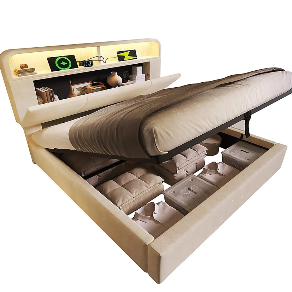 Blackcolors Lit double 140x200 cm, tête réglable, LED/USB, hydraulique, velours - beige* Lit Coffre