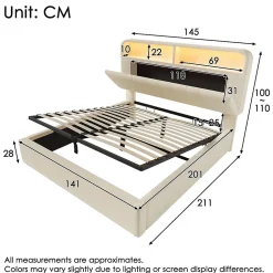 Blackcolors Lit double 140x200 cm, tête réglable, LED/USB, hydraulique, velours - beige* Lit Coffre