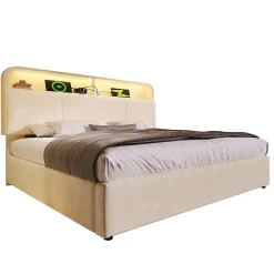 Blackcolors Lit double 140x200 cm, tête réglable, LED/USB, hydraulique, velours - beige* Lit Coffre