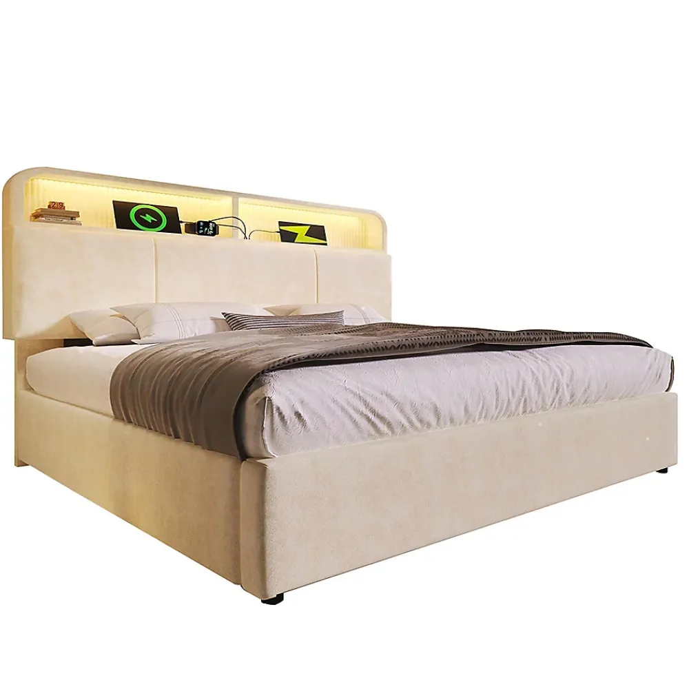 Blackcolors Lit double 140x200 cm, tête réglable, LED/USB, hydraulique, velours - beige* Lit Coffre