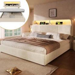 Blackcolors Lit double 140x200 cm, tête réglable, LED/USB, hydraulique, velours - beige* Lit Coffre