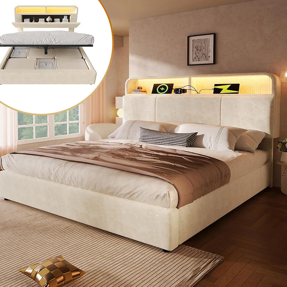 Blackcolors Lit double 140x200 cm, tête réglable, LED/USB, hydraulique, velours - beige* Lit Coffre
