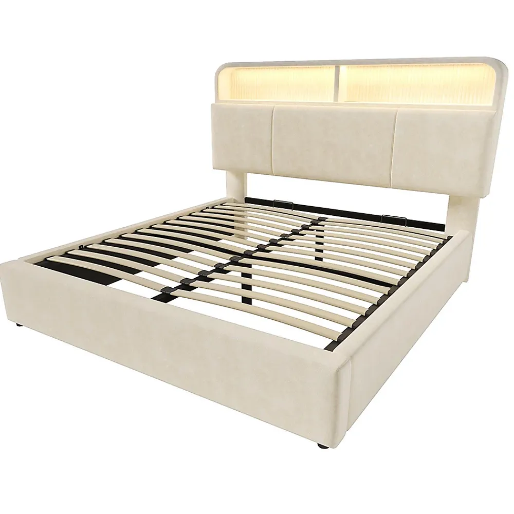 Blackcolors Lit double 140x200 cm, tête réglable, LED/USB, hydraulique, velours - beige* Lit Coffre