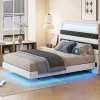 ProximaX Lit double 140x190 cm velours blanc et bleu, tête rayée réglable, LED tête/pied, ports USB et chargeur EU* Lit Coffre