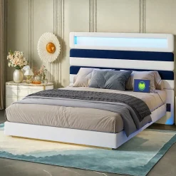 ProximaX Lit double 140x190 cm velours blanc et bleu, tête rayée réglable, LED tête/pied, ports USB et chargeur EU* Lit Coffre