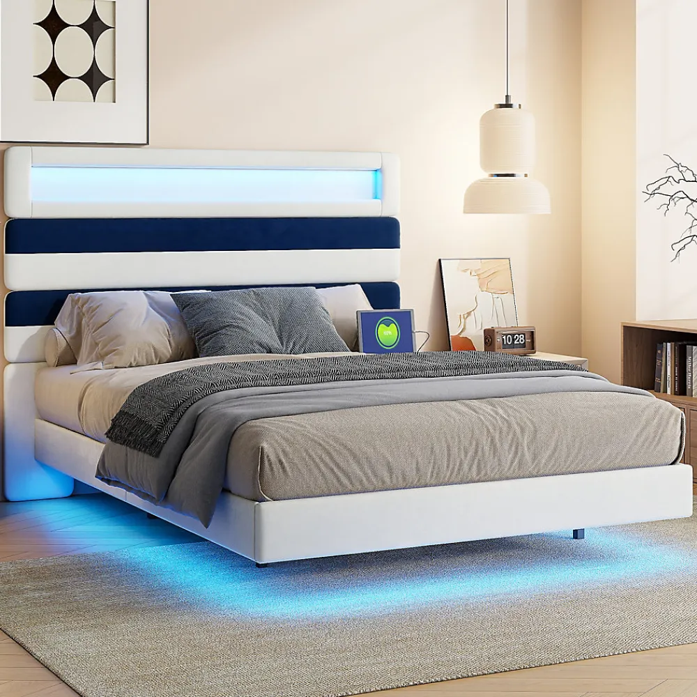 ProximaX Lit double 140x190 cm velours blanc et bleu, tête rayée réglable, LED tête/pied, ports USB et chargeur EU* Lit Coffre