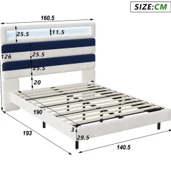 ProximaX Lit double 140x190 cm velours blanc et bleu, tête rayée réglable, LED tête/pied, ports USB et chargeur EU* Lit Coffre