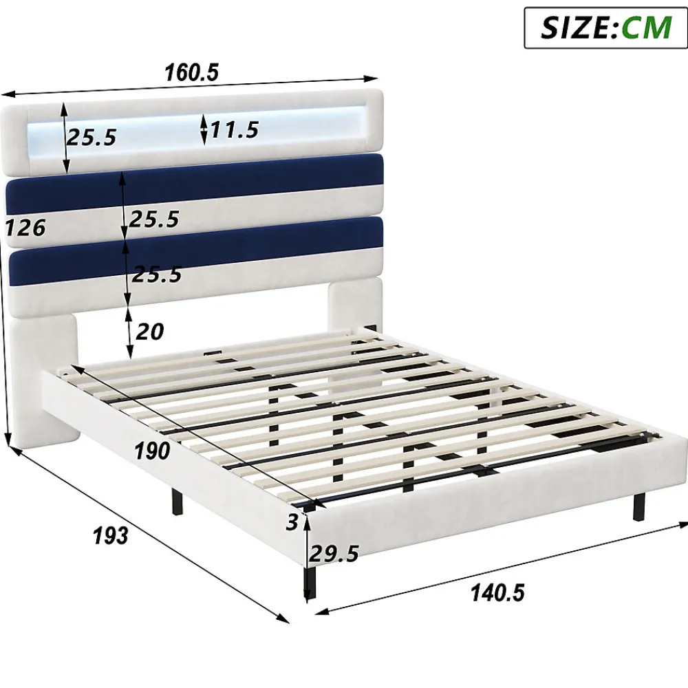 ProximaX Lit double 140x190 cm velours blanc et bleu, tête rayée réglable, LED tête/pied, ports USB et chargeur EU* Lit Coffre