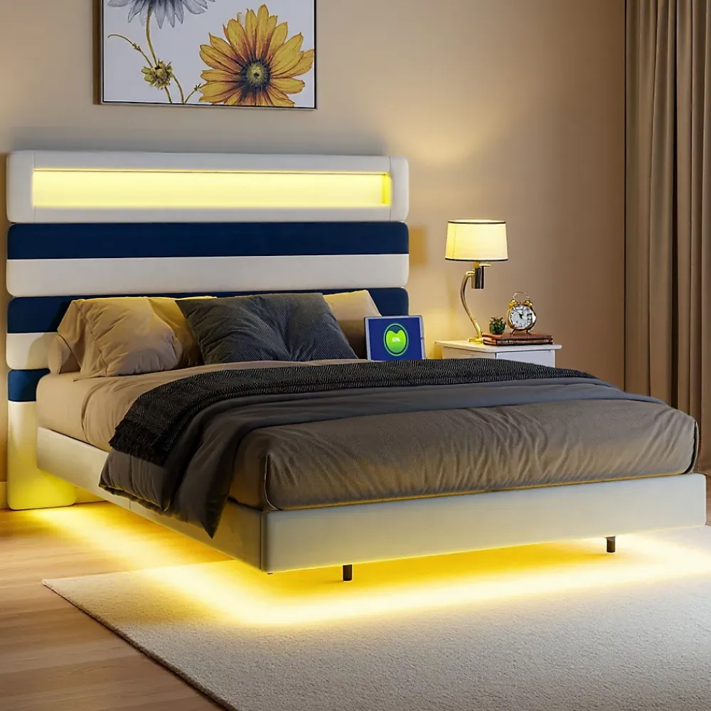 ProximaX Lit double 140x190 cm velours blanc et bleu, tête rayée réglable, LED tête/pied, ports USB et chargeur EU* Lit Coffre