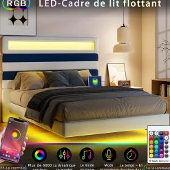 ProximaX Lit double 140x190 cm velours blanc et bleu, tête rayée réglable, LED tête/pied, ports USB et chargeur EU* Lit Coffre