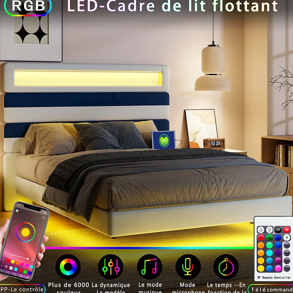 ProximaX Lit double 140x190 cm velours blanc et bleu, tête rayée réglable, LED tête/pied, ports USB et chargeur EU* Lit Coffre