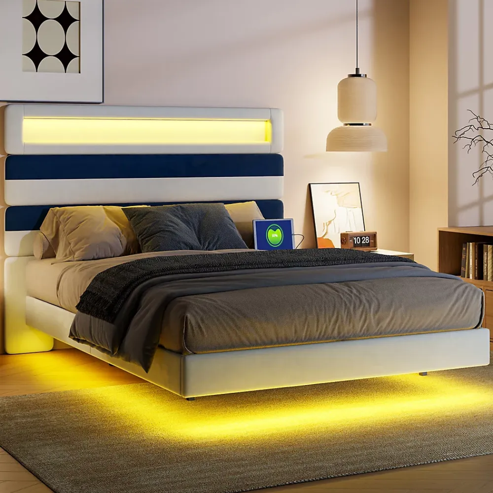 ProximaX Lit double 140x190 cm velours blanc et bleu, tête rayée réglable, LED tête/pied, ports USB et chargeur EU* Lit Coffre