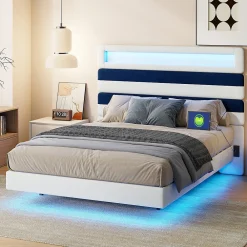 ProximaX Lit double 140x190 cm velours blanc et bleu, tête rayée réglable, LED tête/pied, ports USB et chargeur EU* Lit Coffre