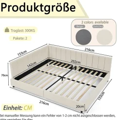 Lit double 140x200 cm, velours, dossier haut - beige><noscript><img width=
