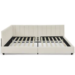 Lit double 140x200 cm, velours, dossier haut - beige><noscript><img width=