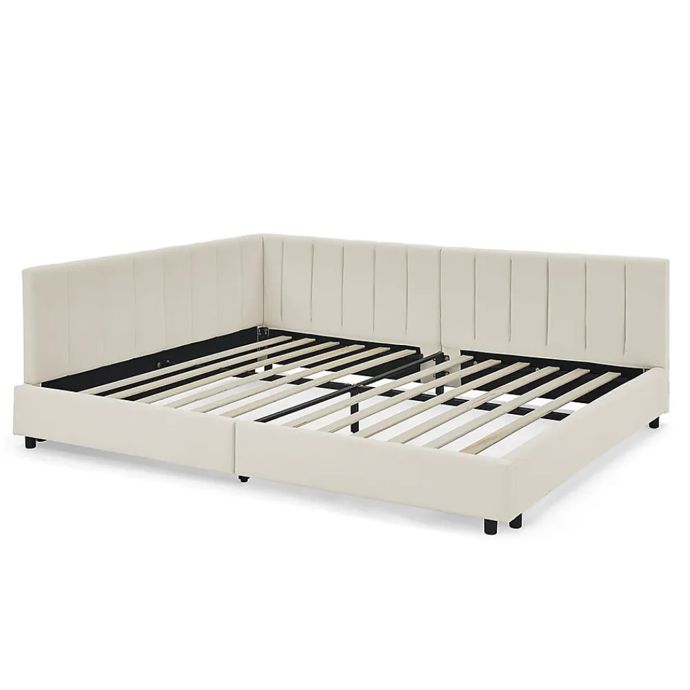 Lit double 140x200 cm, velours, dossier haut - beige>Blackcolors Online