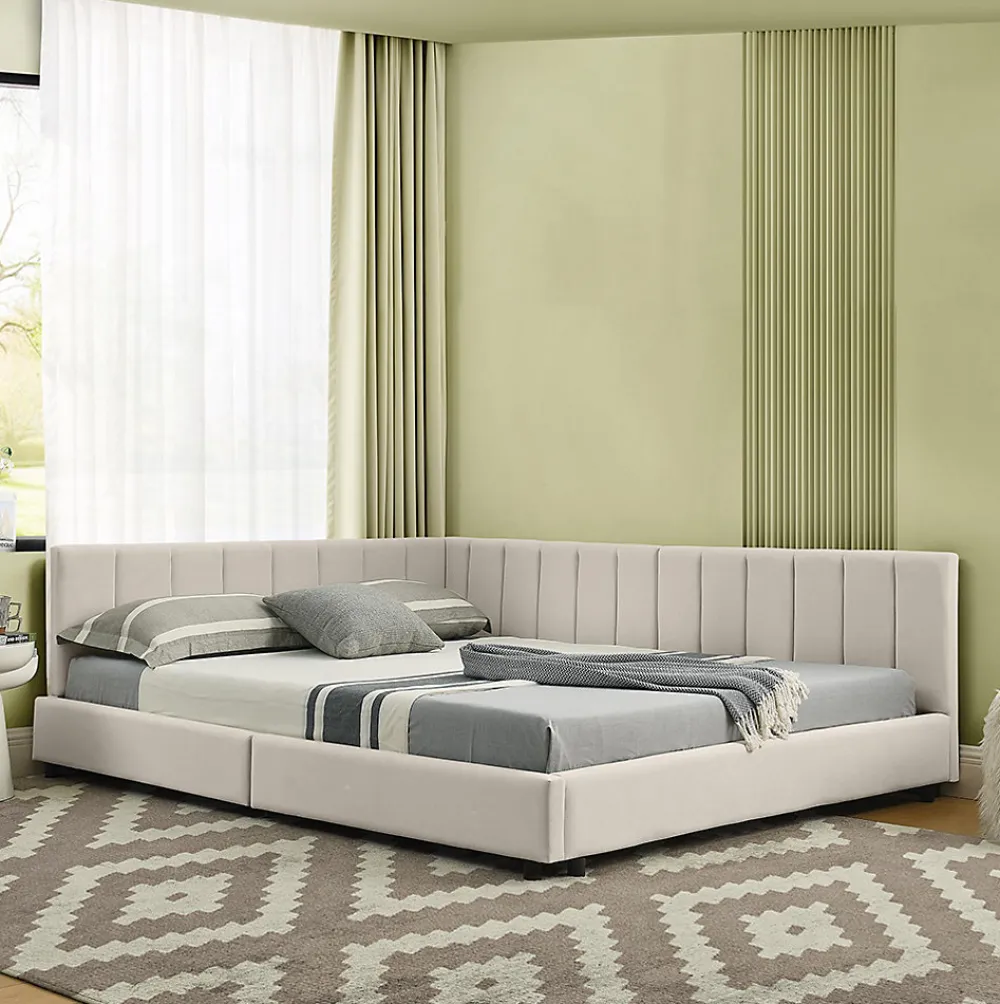 Lit double 140x200 cm, velours, dossier haut - beige>Blackcolors Online