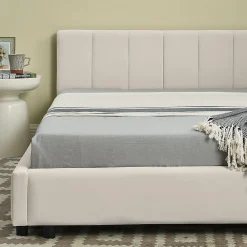 Lit double 140x200 cm, velours, dossier haut - beige><noscript><img width=