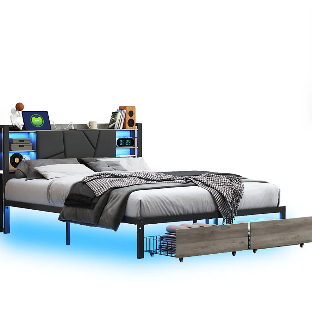 Lit Double 160x200 Métal, Cadre de lit avec éclairage LED et Charge USB, Lit Double rembourré avec 2 tiroirs, Noir>Fortuna lai Online
