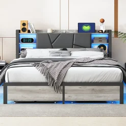 Lit Double 160x200 Métal, Cadre de lit avec éclairage LED et Charge USB, Lit Double rembourré avec 2 tiroirs, Noir>Fortuna lai Online