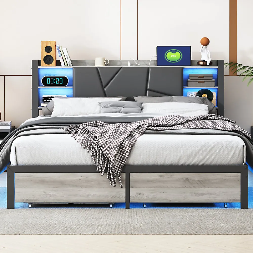Lit Double 160x200 Métal, Cadre de lit avec éclairage LED et Charge USB, Lit Double rembourré avec 2 tiroirs, Noir>Fortuna lai Online