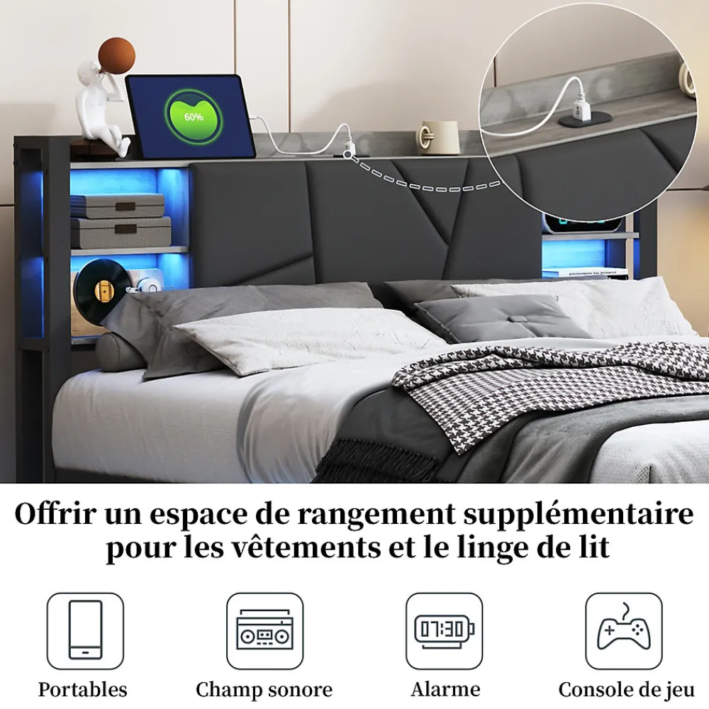 Lit Double 160x200 Métal, Cadre de lit avec éclairage LED et Charge USB, Lit Double rembourré avec 2 tiroirs, Noir>Fortuna lai Online