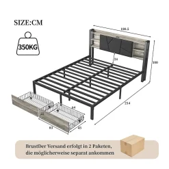 Lit Double 160x200 Métal, Cadre de lit avec éclairage LED et Charge USB, Lit Double rembourré avec 2 tiroirs, Noir><noscript><img width=