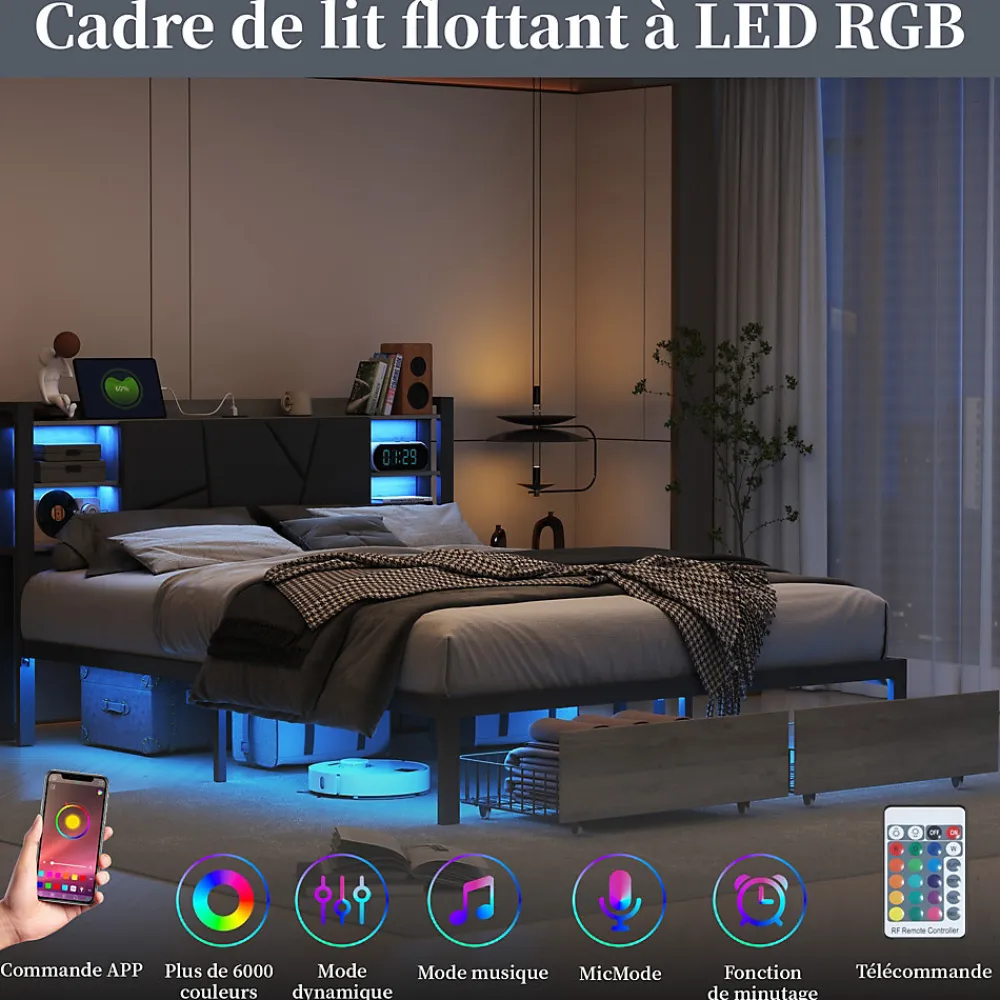Lit Double 160x200 Métal, Cadre de lit avec éclairage LED et Charge USB, Lit Double rembourré avec 2 tiroirs, Noir>Fortuna lai Online