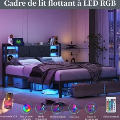 Lit Double 160x200 Métal, Cadre de lit avec éclairage LED et Charge USB, Lit Double rembourré avec 2 tiroirs, Noir><noscript><img width=