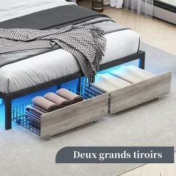 Lit Double 160x200 Métal, Cadre de lit avec éclairage LED et Charge USB, Lit Double rembourré avec 2 tiroirs, Noir><noscript><img width=