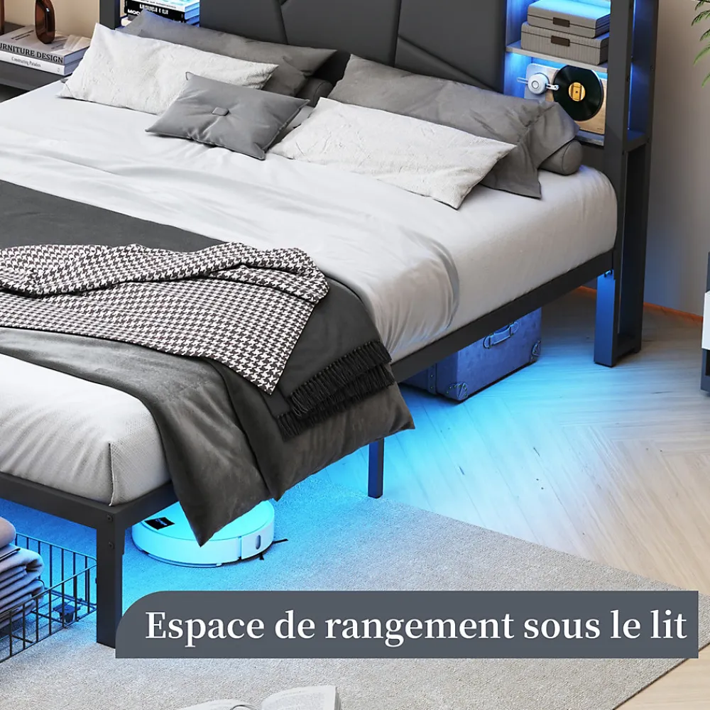 Lit Double 160x200 Métal, Cadre de lit avec éclairage LED et Charge USB, Lit Double rembourré avec 2 tiroirs, Noir>Fortuna lai Online