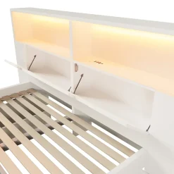 ModernLuxe Lit double 140x200cm - avec lumière LED et port USB - avec banc coffre - grand espace de rangement - Blanc (sans matelas)* Lit Avec Rangement