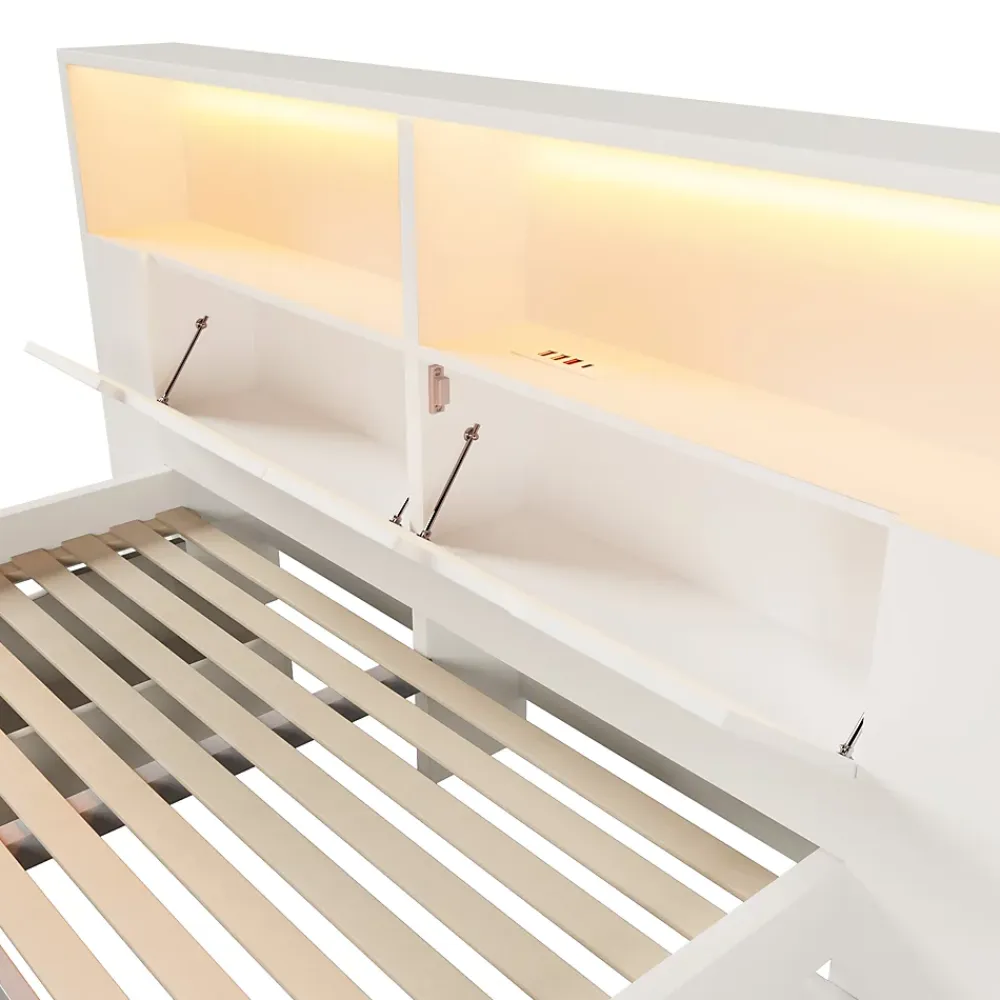 ModernLuxe Lit double 140x200cm - avec lumière LED et port USB - avec banc coffre - grand espace de rangement - Blanc (sans matelas)* Lit Avec Rangement