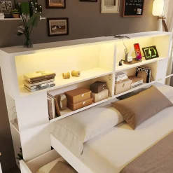ModernLuxe Lit double 140x200cm - avec lumière LED et port USB - avec banc coffre - grand espace de rangement - Blanc (sans matelas)* Lit Avec Rangement