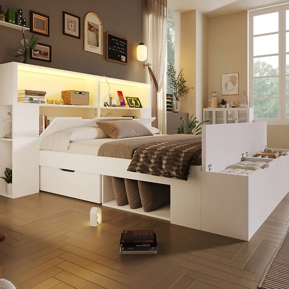 ModernLuxe Lit double 140x200cm - avec lumière LED et port USB - avec banc coffre - grand espace de rangement - Blanc (sans matelas)* Lit Avec Rangement