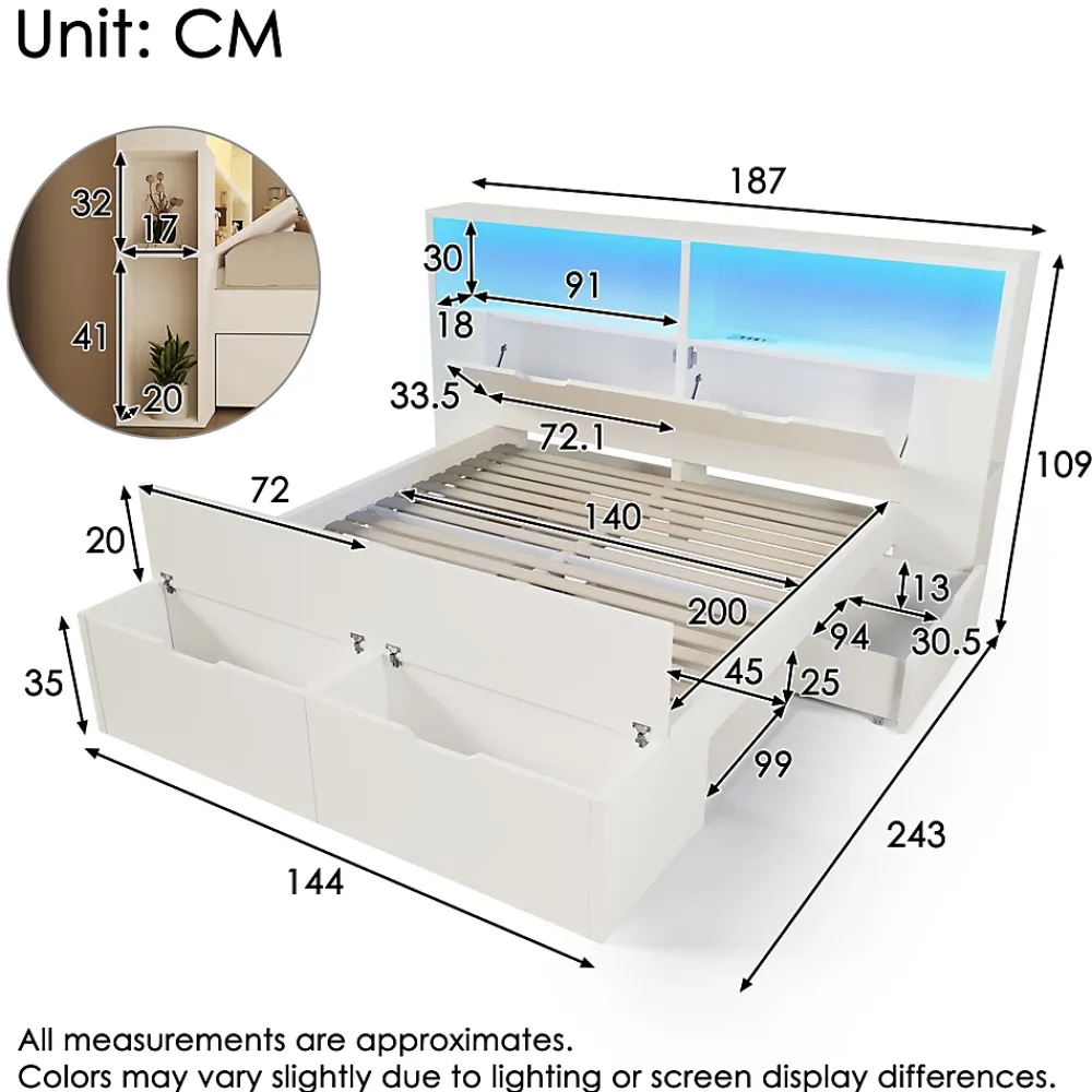 ModernLuxe Lit double 140x200cm - avec lumière LED et port USB - avec banc coffre - grand espace de rangement - Blanc (sans matelas)* Lit Avec Rangement