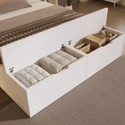 ModernLuxe Lit double 140x200cm - avec lumière LED et port USB - avec banc coffre - grand espace de rangement - Blanc (sans matelas)* Lit Avec Rangement